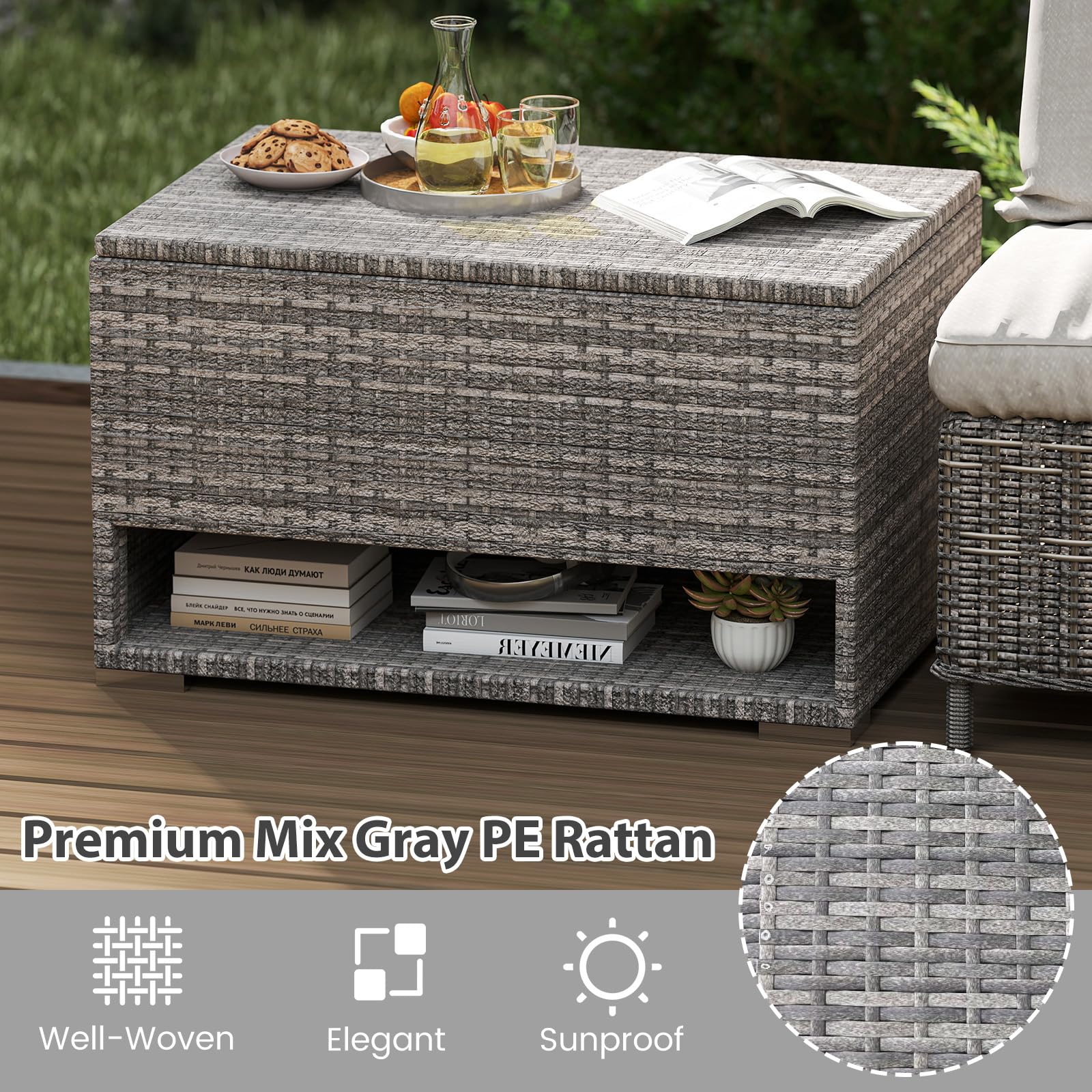 LIFEZEAL Contenitore in polyrattan 186 l 95 x 60 x 58 cm grigio resistente alle intemperie