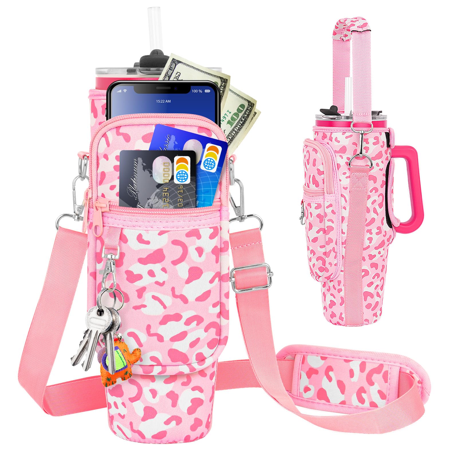 Water Bottle Carrier Bag with Phone Pocket Compatible with Stanley/Meoky 40 oz Tumbler with Handle,Water Bottle Holder Pouch with Adjustable Strap Compatible with Stanley Cup Accessories
