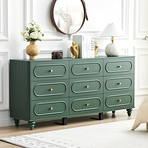 ORRD 9 Drawer Fluted Dresser for Bedroom, Mid Century Modern Chest of Drawers, Wood Storage Small Dresser Organizer for Bedroom Living Room Hallway Closet, Green