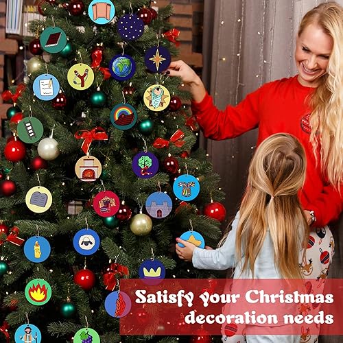 Miniatura 5 de Remerry Juego de 24 adornos de árbol de Jesús de Adviento de 2.5 pulgadas, adornos colgantes de árbol de Jesse, símbolos de calendario de Jesús e