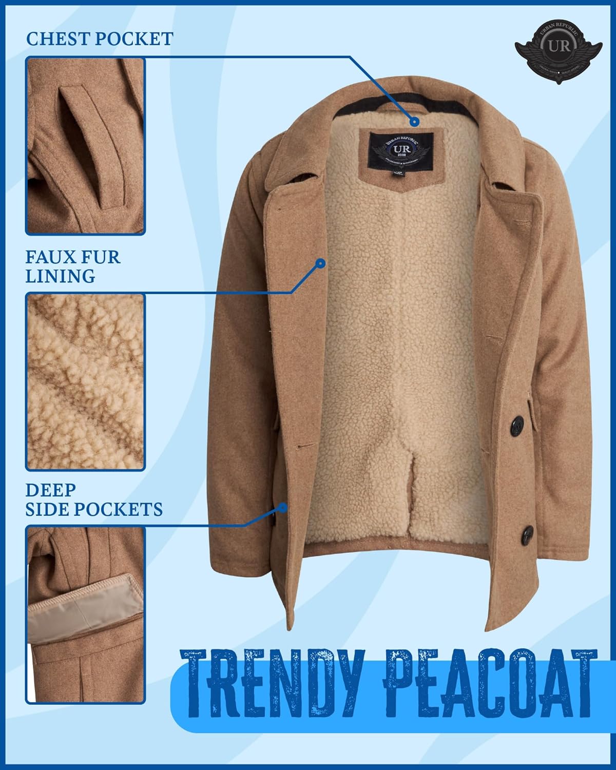 URBAN REPUBLIC Boys Peacoats - Double Breasted Wool Blend Dress Coat with Faux Fur Lining & Flap Pockets (4-20) - Image 2