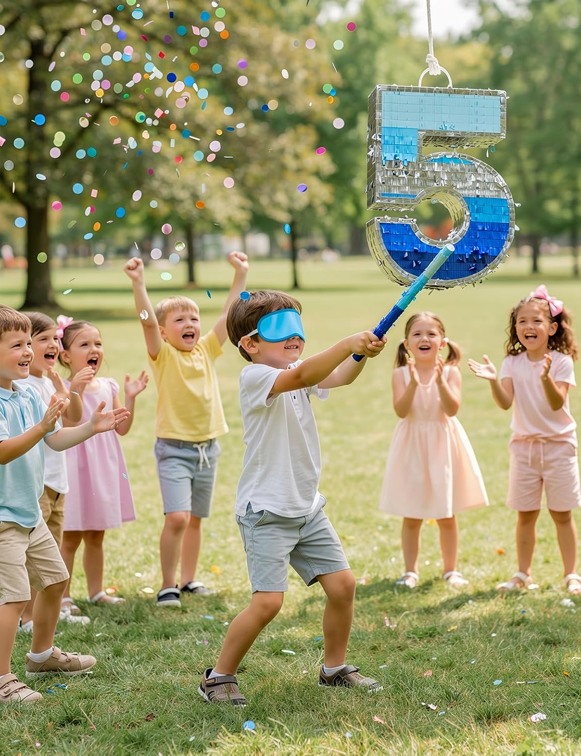 Number 5 Piñata with Stick, Blindfold & Confetti - Blue Piñata for Birthday Parties, Complete Party Game Set for Kids Boys- Gradient Blue Birthday Decor with Fillable Design(Small, 16.5 x 11.5 x 3 In)