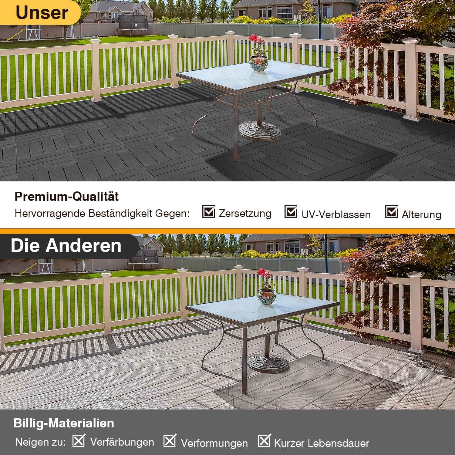 Baldosas Terraza 1 m² 30x30 cm PP Antracita | Losetas de exterior con efecto madera para jardín, balcón, patio y zona de piscina; montaje rápido con sistema de clic.