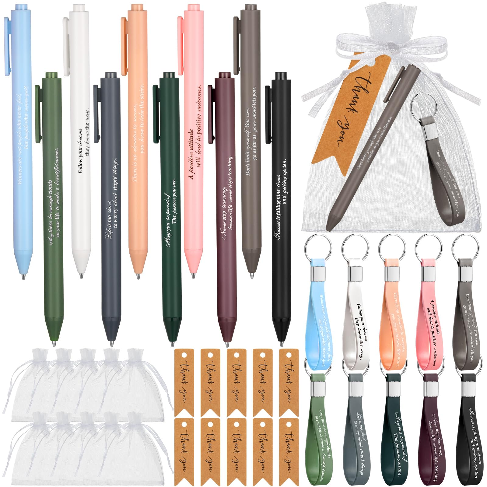 Photo 1 of Qilery 120 Pcs Thanks Appreciation Gifts Pens 30 Ballpoint Pen with Inspirational Quotes 30 Silicone Keychain 30 Thank You Gift Tag and 30 Organza Bag for School Office Teacher Staff (Vivid Color)