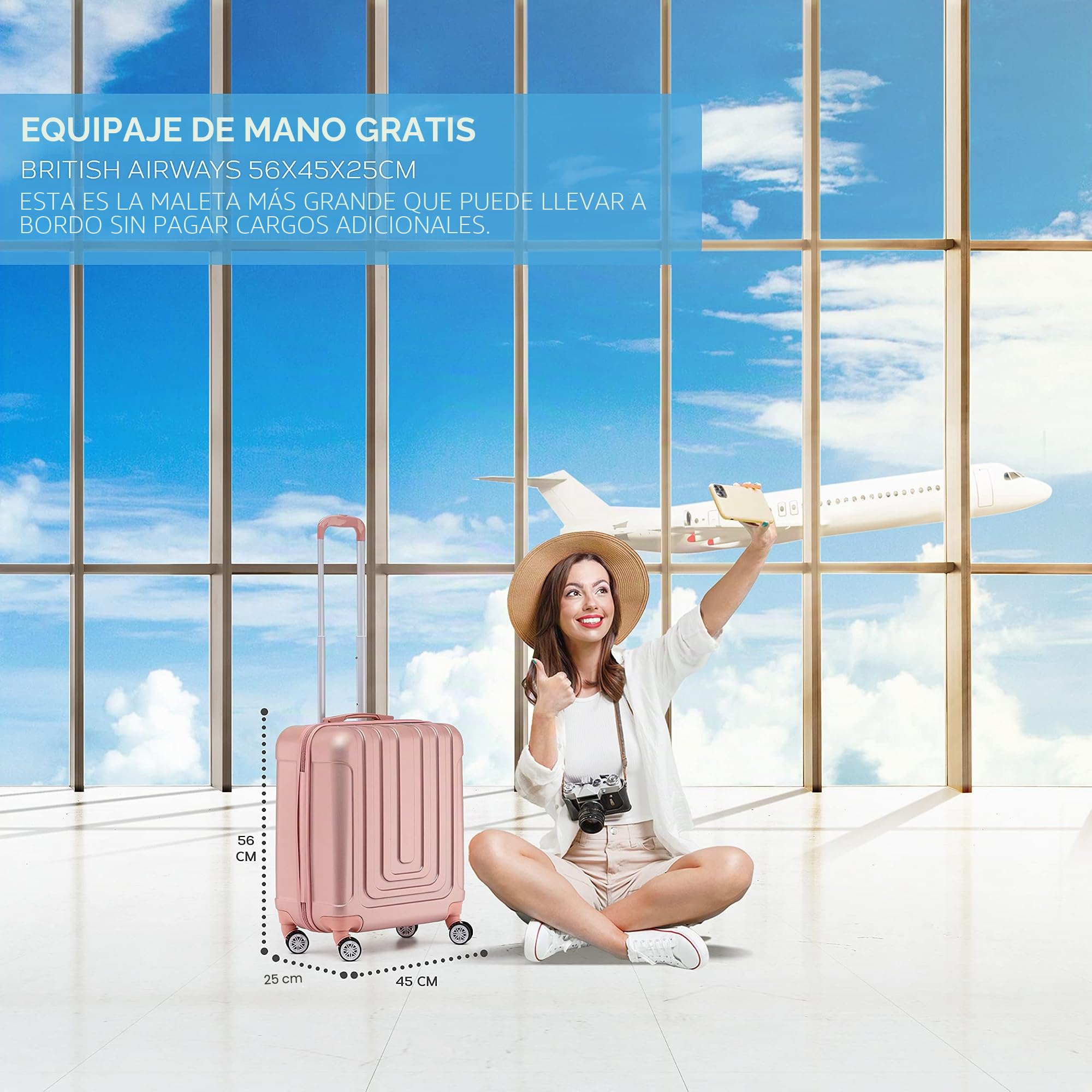 Flight Knight Maleta De Mano Rigida Y Ligera Premium - 8 Ruedas Giratorias - Cerradura TSA Incorporada con Puerto USB - Aprobada por Mas De 100 Aerolineas como EasyJet para Cabina Grande - 56x45x25cm