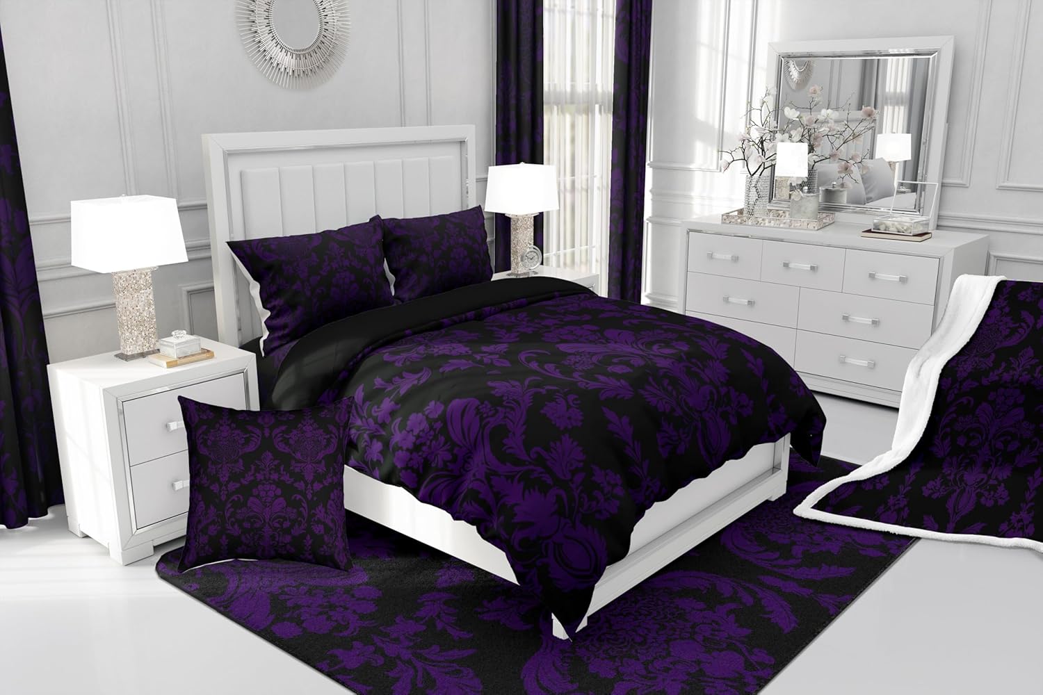 Feelyou Purple Black Vintage Damask Floral Duvet Cover Set Gothic Bohemia Floral Bedding Set King Size for Kids Boys Girls Oriental Antique Comforter Cover Luxury Flower Quilt Cover,No Comforter