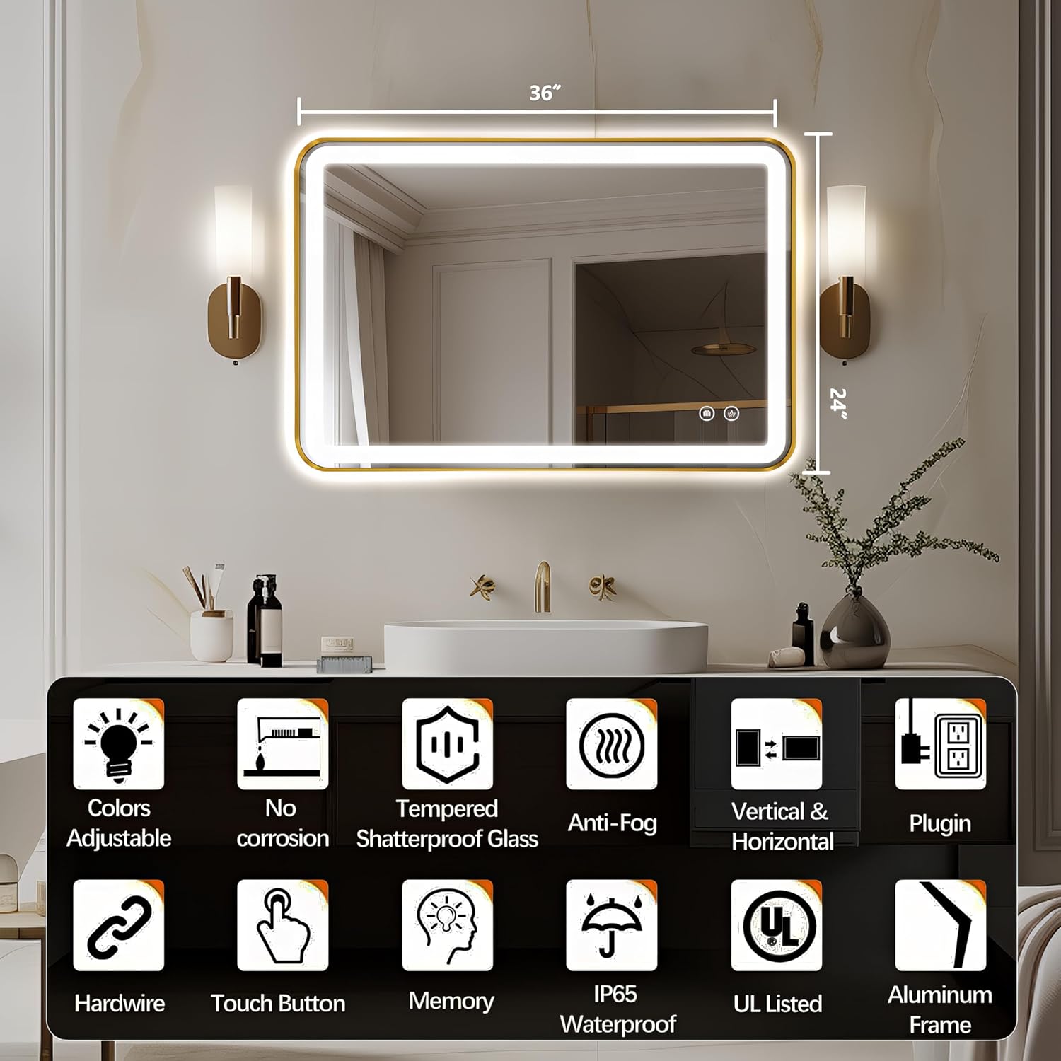 36"x24" Lighted Vanity Mirror with Lights, Gold Metal Frame Led Mirror for Bathroom, Anti-Fog Wall Mirror with Front and Backlit, Shatterproof, 3 Colors Stepless Dimmable, Horizontal/Vertical