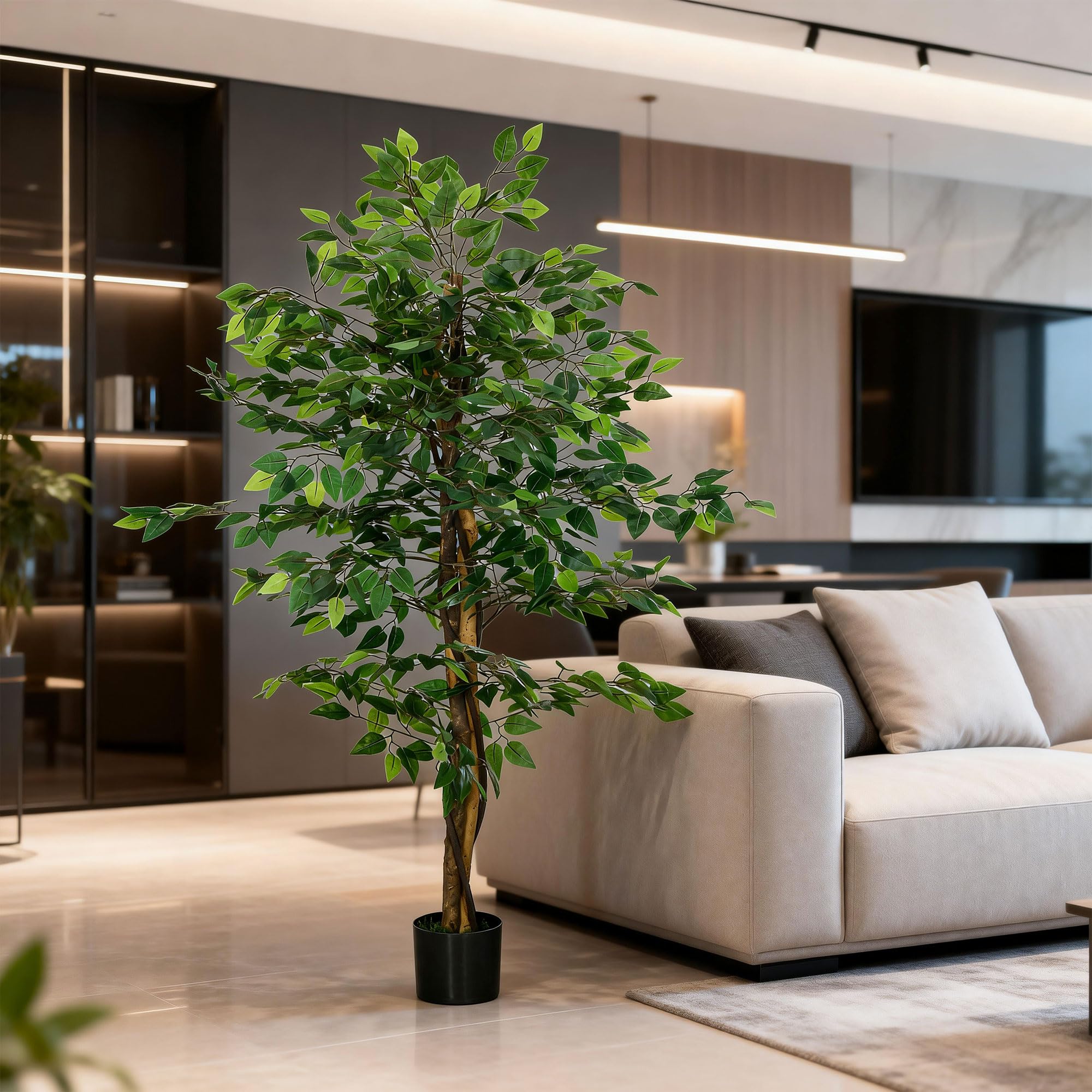 HOMCOM Plante Artificielle Arbre Artificiel ficus Hauteur 1,50 m Tronc Branches Liane Lichen Feuilles Grand réalisme Pot Inclus, intérieur, Vert