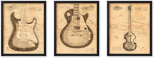 Poster Master Póster de guitarra eléctrica vintage de 3 piezas, estampado de patente retro, arte de impresión azul, arte de patente, regalo para