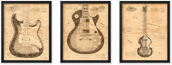 Poster Master 3-Piece Vintage Electric Guitar Poster - Retro Patent Print - Blue Print Art - Patent Art - Gift for Men, Women, Musician - Decor for Living Room, Music Room - 11x14 UNFRAMED Wall Art