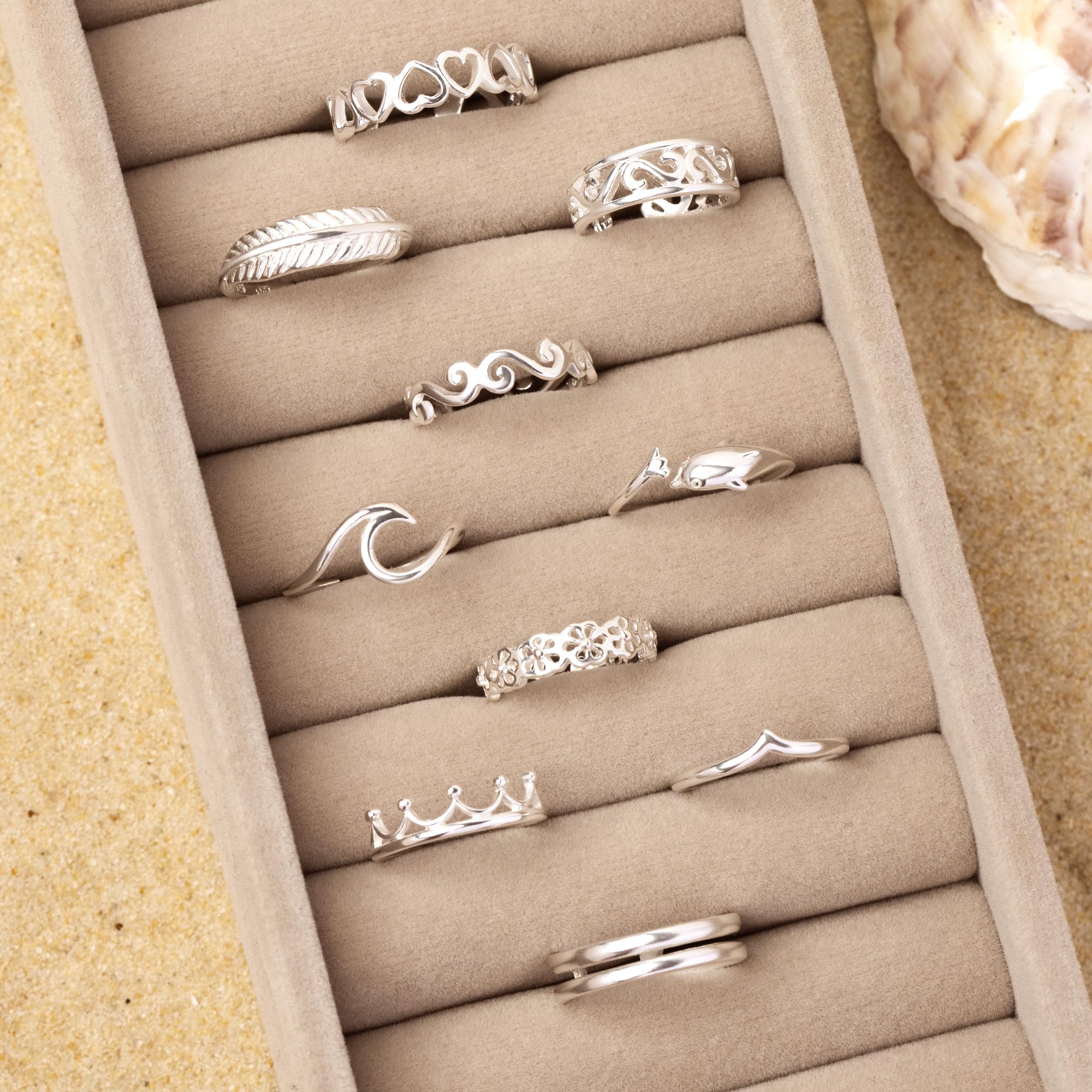Amberta Bague d’Orteil en Argent Sterling 925 Réglable pour Femme | Vague Coeur Fleur Ouverte Dauphin Couronne Feuille Bijoux de Pied Plage Bohème