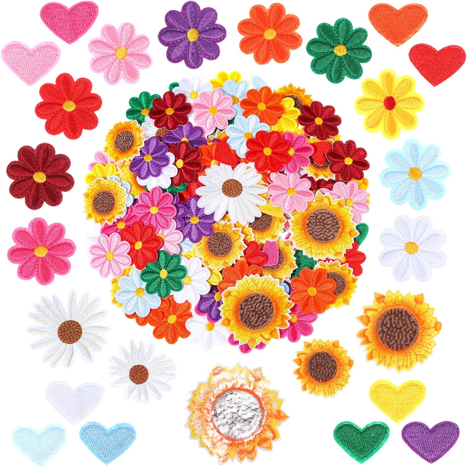200 Pcs Iron on Flowers Patches Embroidered Sunflowers Heart Daisy Iron on Sew on Patches Set, Large Cute Colorful Applique Decoration Patches for Clothing Jeans Jackets Backpacks Hats Arts Crafts DIY : Arts, Crafts & Sewing