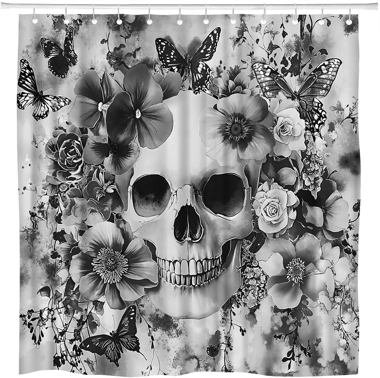 Skull Flower Shower Curtain Black White Grey Fantasy Floral Suger Skeleton Butterfly Gothic Magic Witchcraft Halloween Bathroom Polyester Curtains Set with Hooks 70x84 Inch