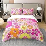 Girls Pink Flowers 100% Cotton Duvet Cover Twin,Psychedelic Groovy Floral Power Bedding Set Aesthetic Bedroom Decor,Hippie Vintage 60S 70S Style Comforter Cover Funky Hand Drawn Quilt Cover 2 Pcs