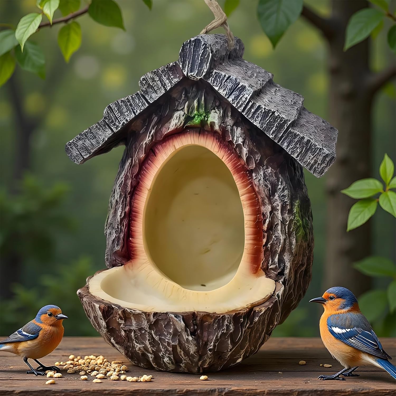 Handmade Vintage Treehouse Shape Bird Feeder, Bird Feeders for Outdoors, Waterproof Resin Tree-Mounted Sculpture, Open Design Feeding Birdhouse with Seed Tray for Outdoor Garden Decor (2 Pcs)