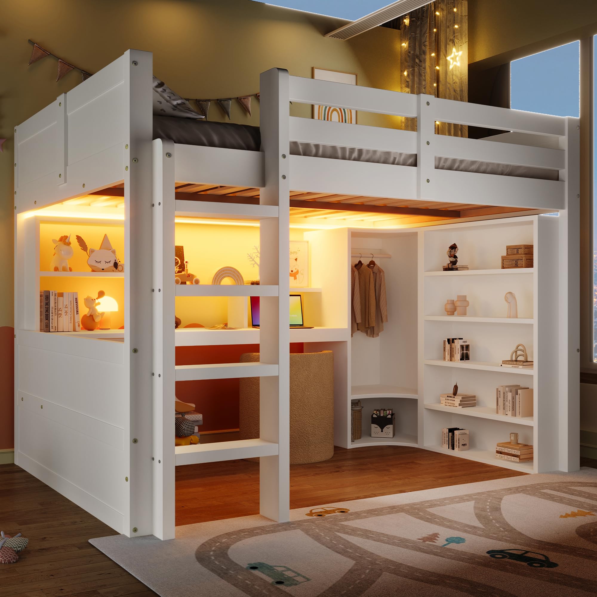 OKMYHOME Łóżko antresolowe 140x200 cm - Łóżko młodzieżowe z diodami LED i biurkiem - wbudowana szafa i szuflady do przechowywania - bez materaca - białe
