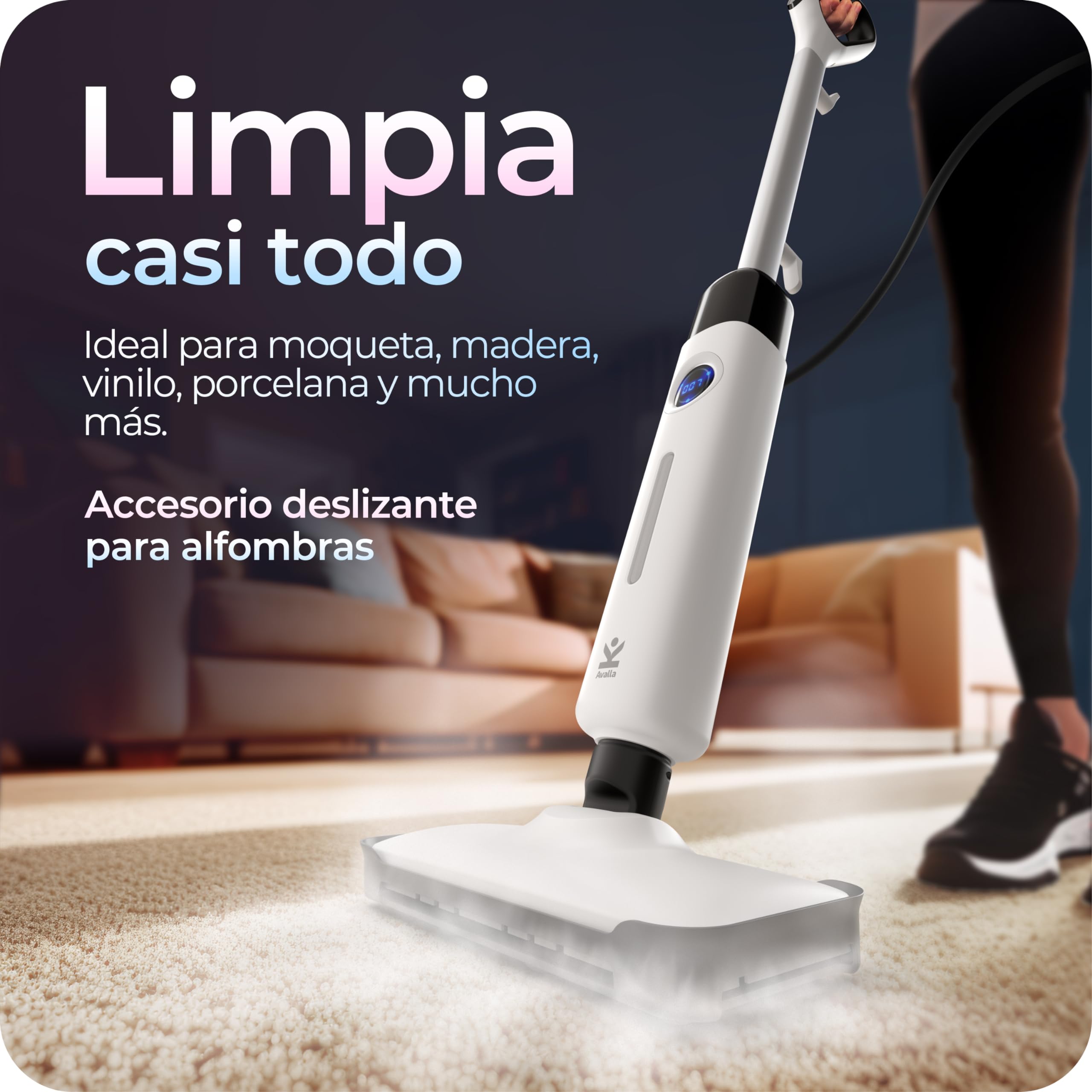 Avalla T-20 Mopa de Vapor de Alta Presión, Triplica la Potencia de Limpieza, Calentamiento Rápido de 15s, Impulso de 120°C, Depósito Grande de 500ml (Blanco)