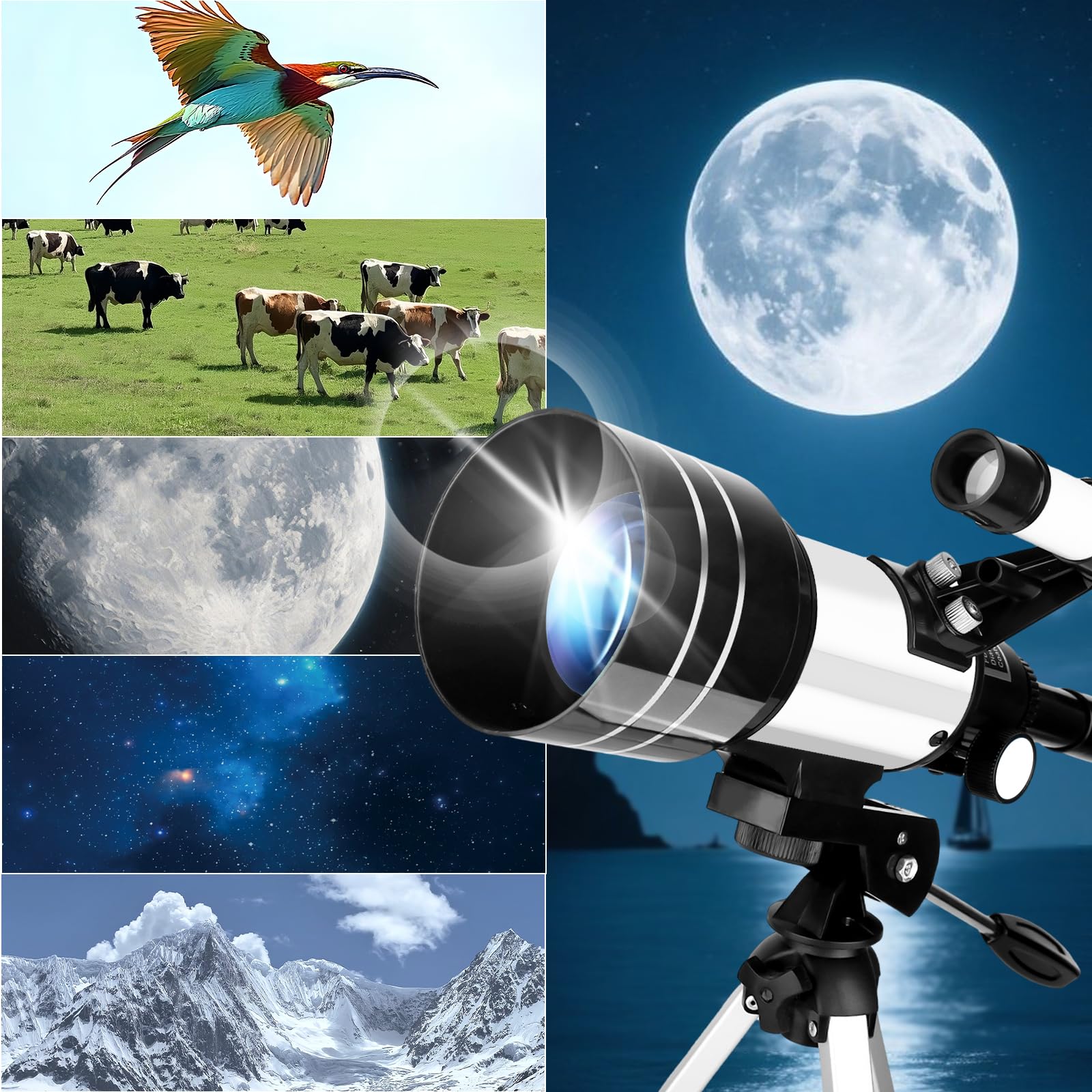 Télescope pour Enfants et Adultes, 70MM Ouverture Télescope Réfracteur de 300MM avec Trépied, Viseur 5 x 24, Adaptateur Télescopes et 2 Oculaires pour Adultes Débutants en Astronomie (Blanc)