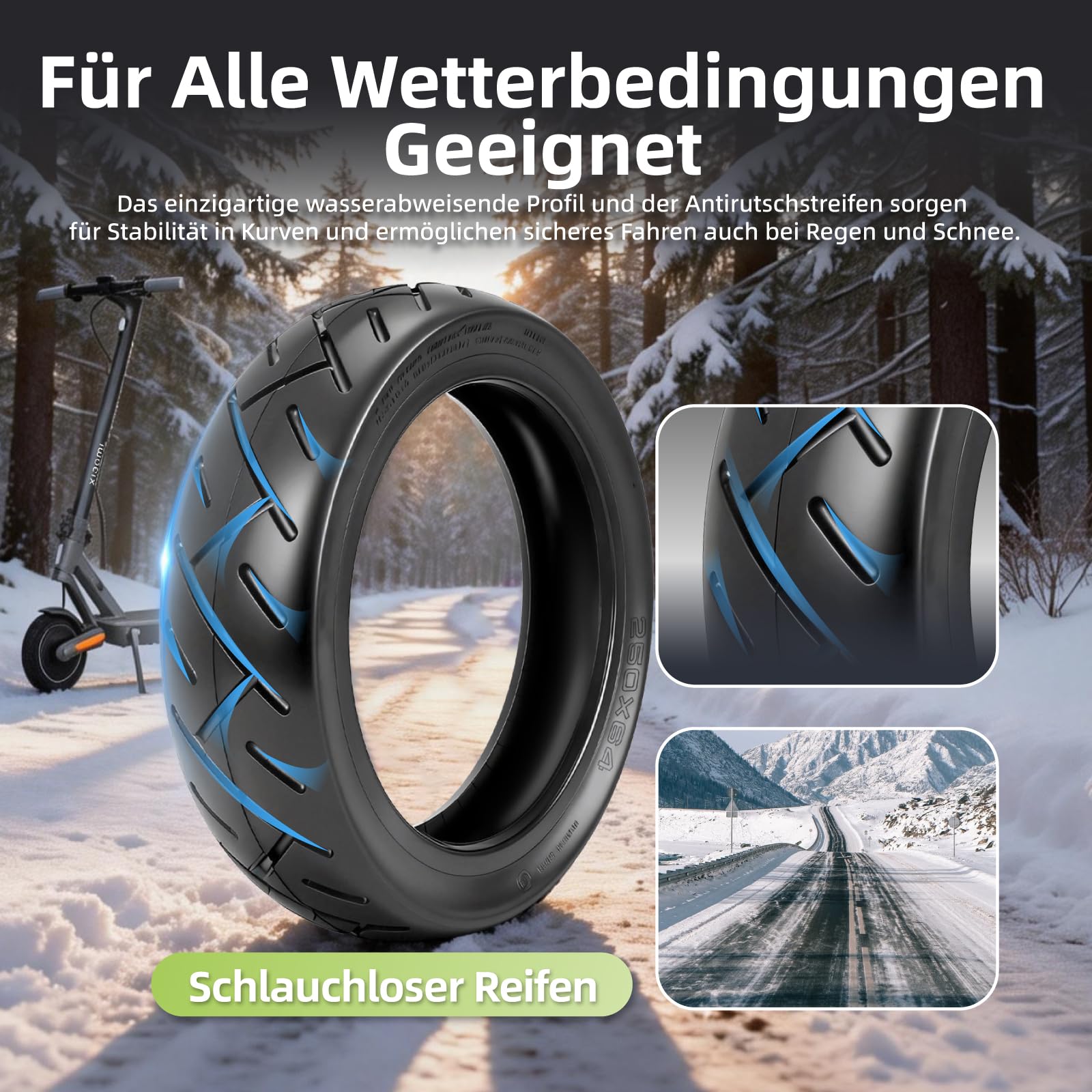 250 x 64 Tubeless Reifen für Xiaomi 4 Ultra Elektroroller 10 Zoll Ersatzreifen Schlauchlose Vakuum Reifen Vorne/Hinten, mit Luftdüse (Tubeless*2)