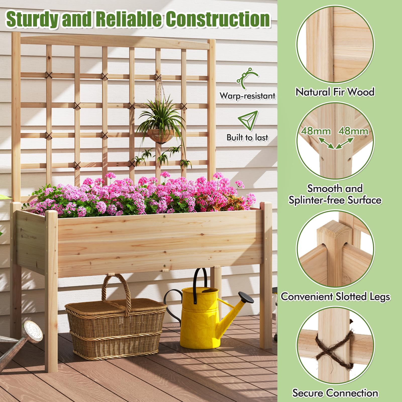 HOMASIS Blumenkasten mit Rankgitter, Pflanzkübel mit Spalier, Pflanzkasten aus Holz, Hochbeet Pflanzgefäß Rankkasten Gartenspalier Rankhilfe für Balkon, Garten, Terrasse, 119x60x160cm, Natur