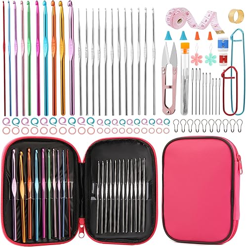 Miniatura 8 de Juego de 96 agujas de ganchillo con bolsa de almacenamiento, ganchos de ganchillo de metal con marcadores de puntada, agujas romas de ojo grande