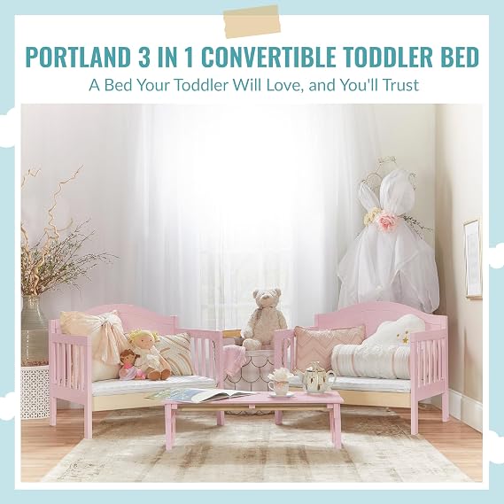 Dream On Me Portland 3 In 1 Convertible Toddler Bed in Pink, Greenguard Gold Certified, 56x29x28 Inch (Pack of 1)