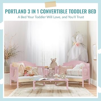 Dream On Me Portland 3 In 1 Convertible Toddler Bed in Pink, Greenguard Gold Certified, 56x29x28 Inch (Pack of 1)