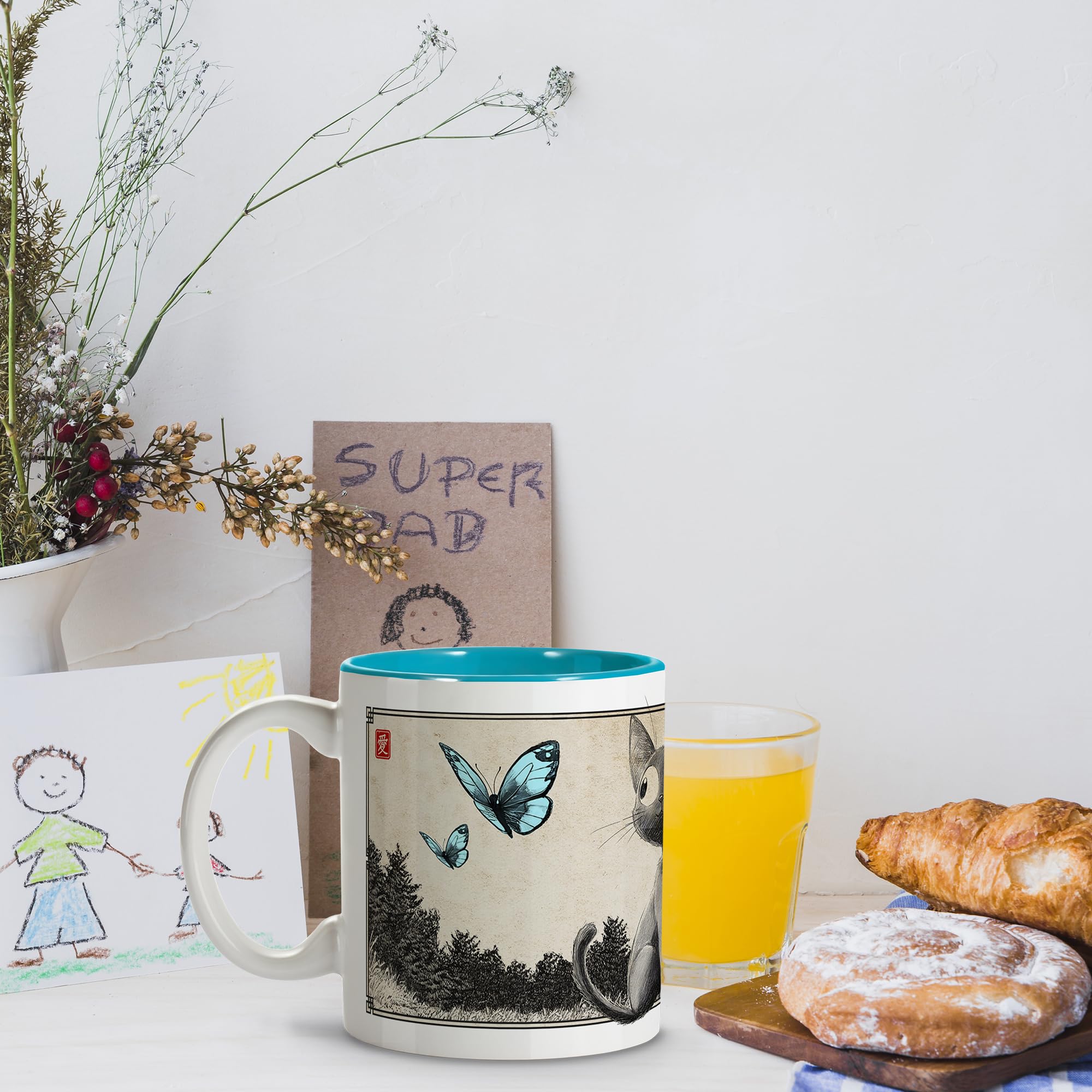 Anime-Katzen-Tasse – Jiji-Katze Design, Handgezeichnet, Verschiedene Innenfarben, Keramik