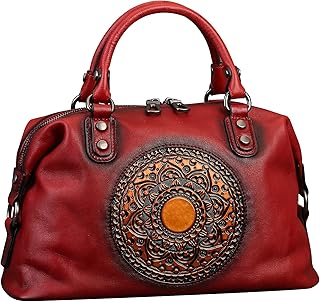 Leather Handbag for Women, Retro Mandela Crossbody Handbag Tote Bag (Bean Paste Red)