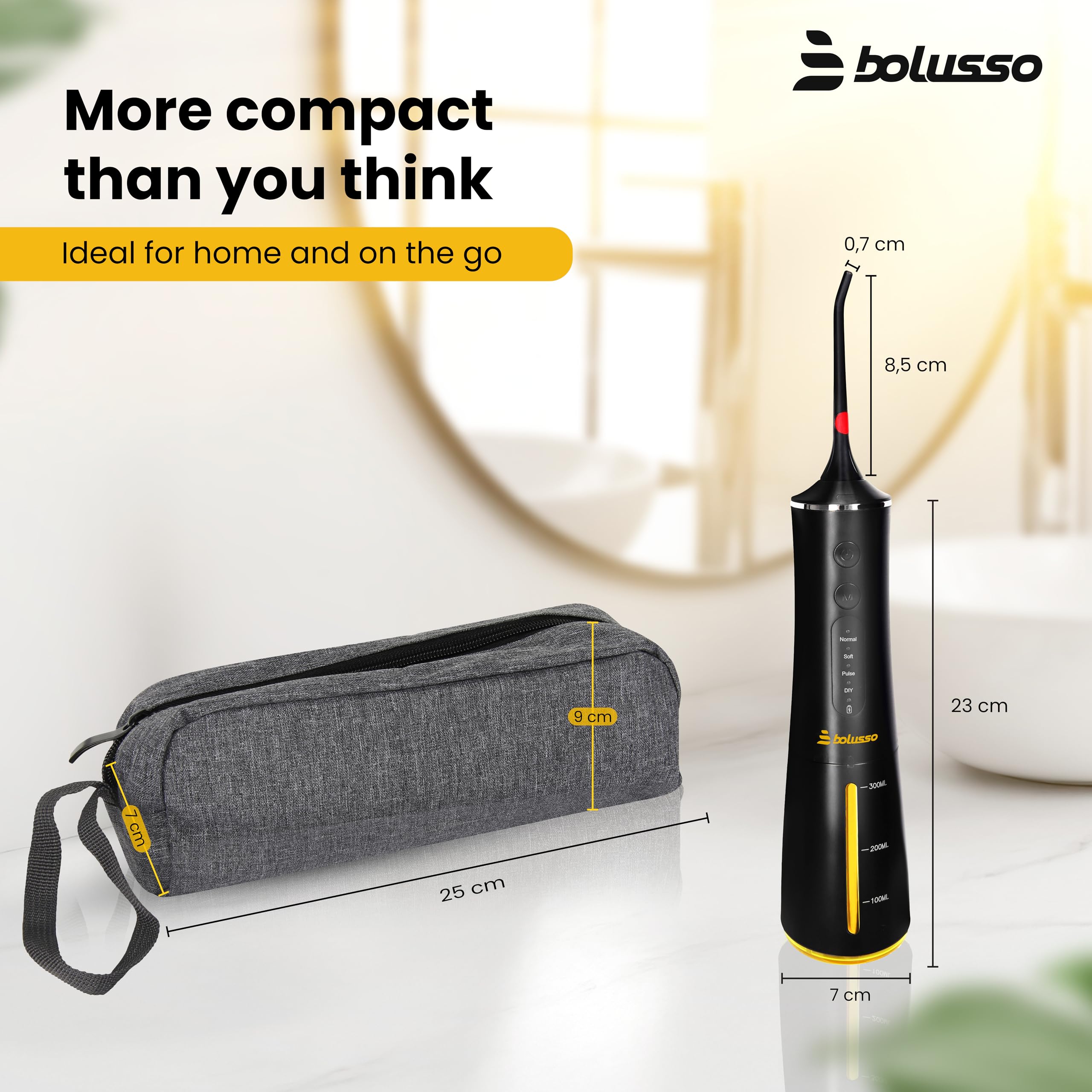 Idropulsore Dentale Portatile Bolusso - Water Flosser professionale - Include 7 accessori – Con Borsa da viaggio – E-book – Completamente regolabile