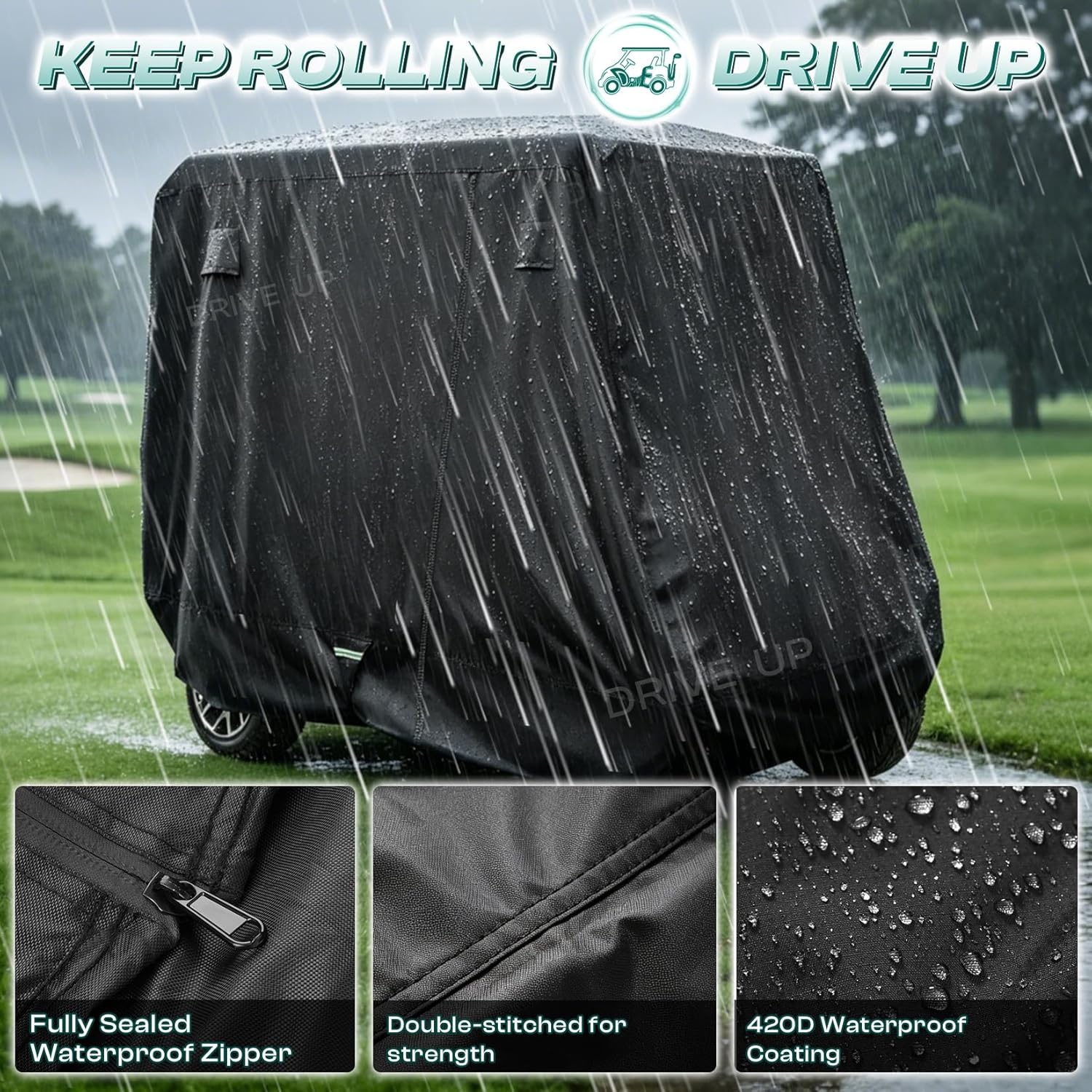 DRIVE UP Golf Cart Cover Fits for 2/4 Passenger Yamaha Club Car EZGO Golf Carts, 420D Waterproof Durable Polyester Cover with Zipper Doors, Dustproof, Sunproof, Windproof