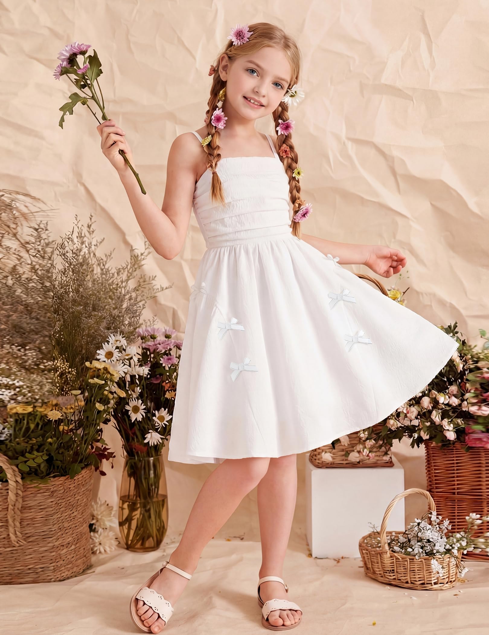 Girls Summer Dress Boho Dress Adjustable Spaghetti Straps A-line Sundress Cute Beach Party Dresses with Bows — view 2