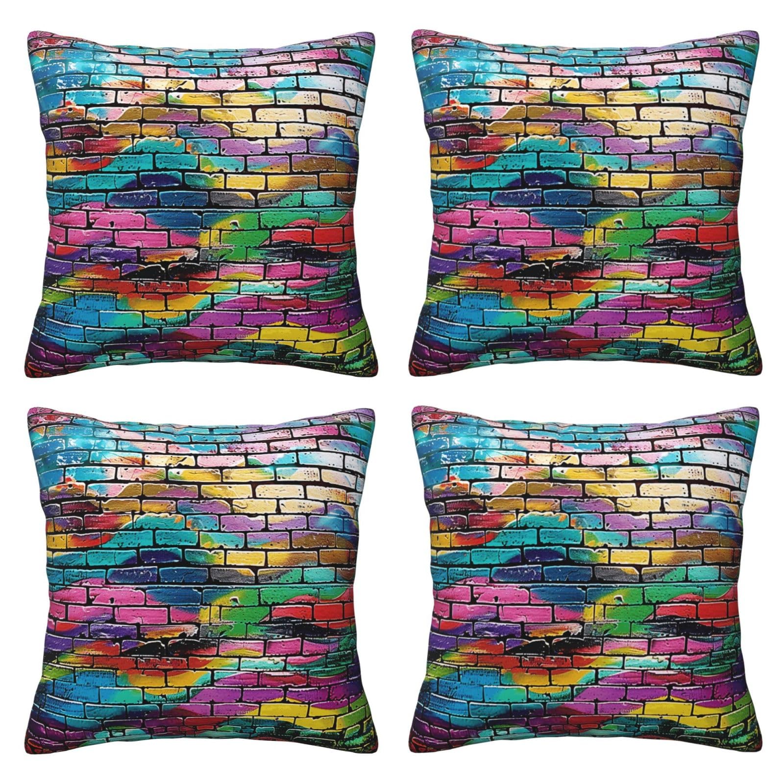 Graffiti Colorful Brick Throw Pillow Cases 4 Pack Square Pillowcases Super Soft Pillow Protectors With Zipper for Couch Livingroom Sofa Bed Office Car,45x45 CM
