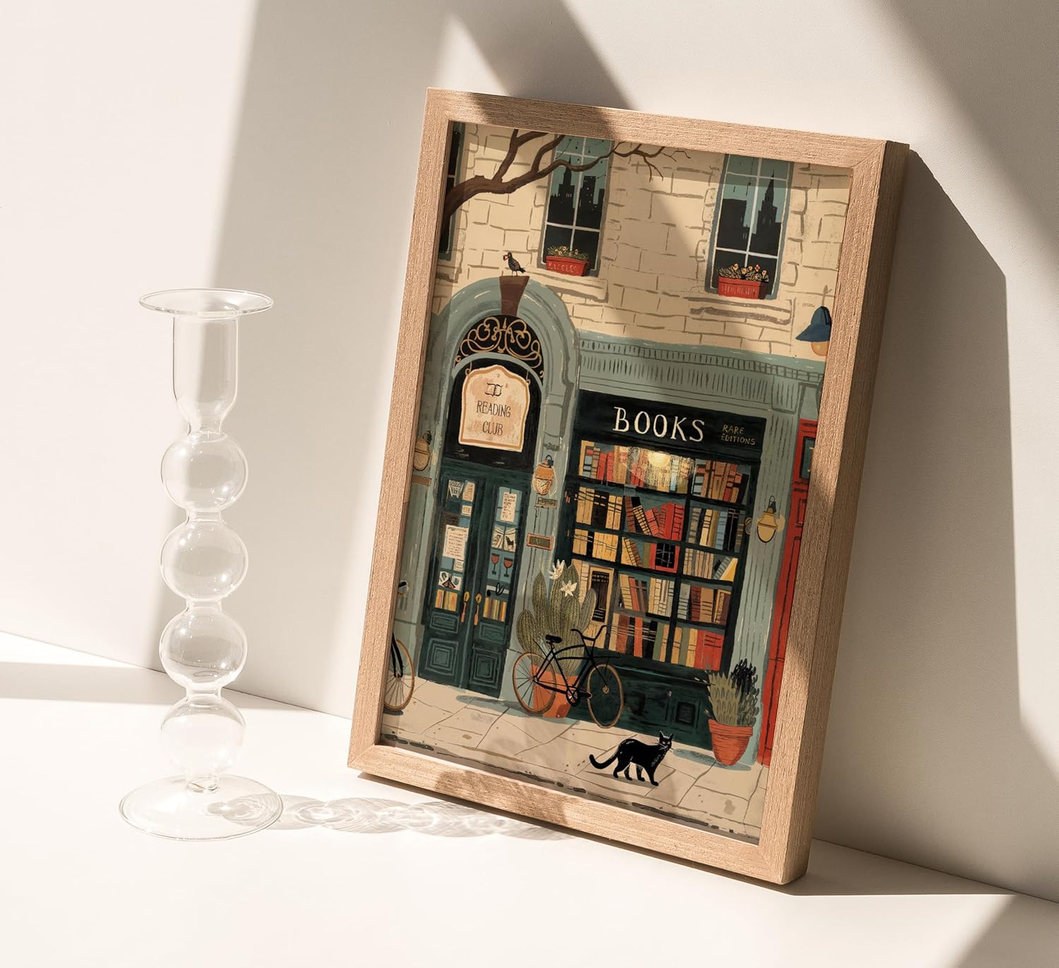 Framed Vintage Book Wall Art Bookstore and Black Cat Painting Canvas Prints Cozy Bookshop Library Bookish Picture Wall Decor Bookworm Reading Nook Poster Artwork for Living Room Bedroom Office