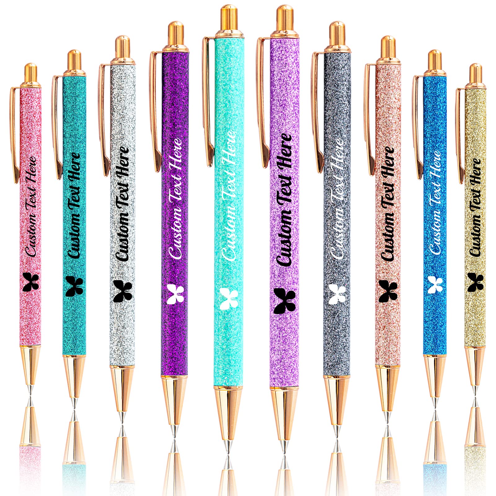 Aolun 10 PCS Personalised Glitter Pens with Name Custom Pen Bulk Customised Retractable Ballpoint Pens with Text Message for Women Nurses Writing Birthday Business Graduation_Black Ink — image 1