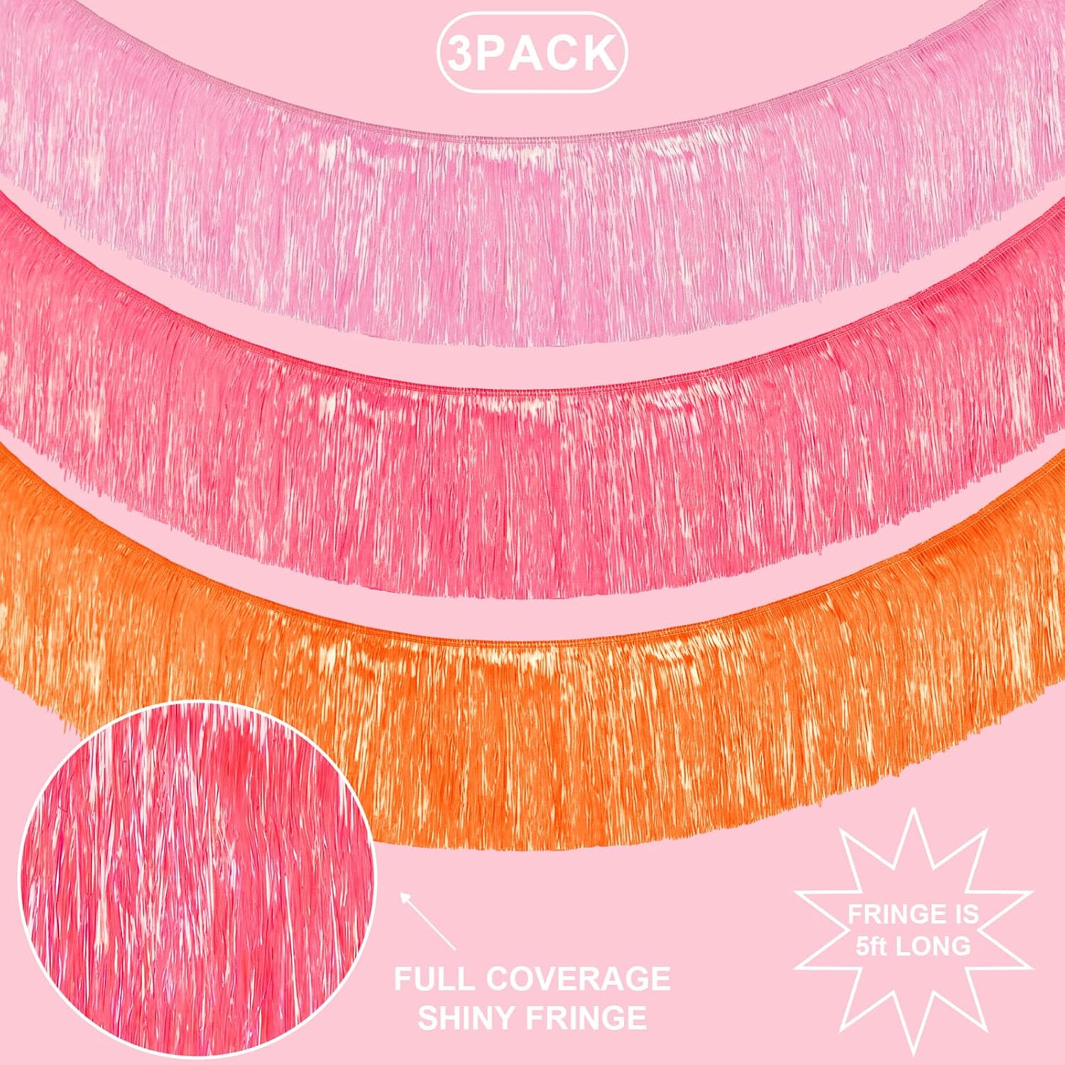 3 Pcs Sunset Party Decorations 5Ft Orange Pink Red Fringe Banner Iridescent Tassel Garland Hanging Decor for Party Backdrop, Bridal, Wedding, Autumn, Thanksgiving