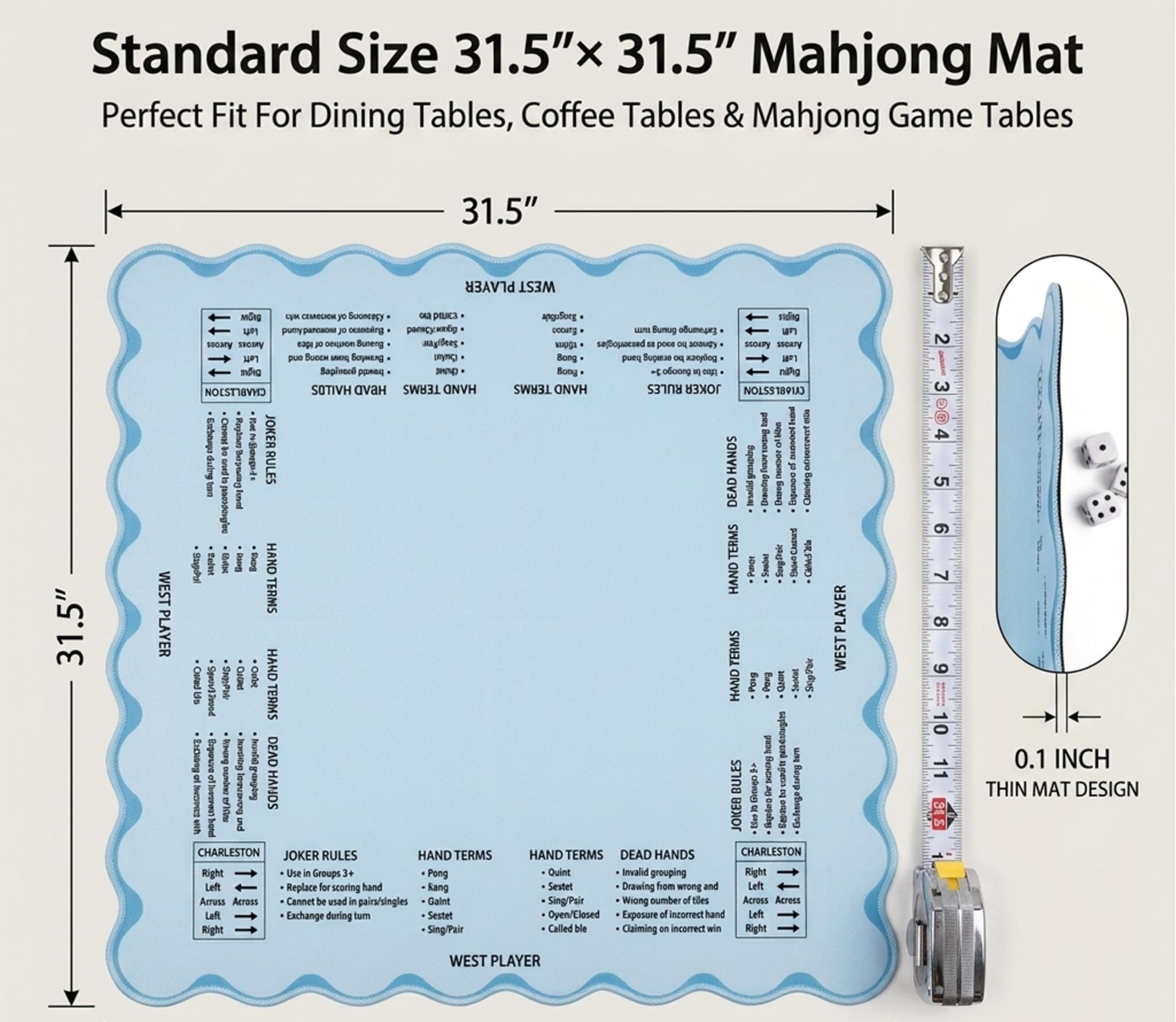 Tapis de mahjong festonné en tissu néoprène laminé, taille standard 80 cm x 80 cm, disposition des règles de mahjong américaines, tapis de jeu antidérapant et réduction du bruit pour jeux de société