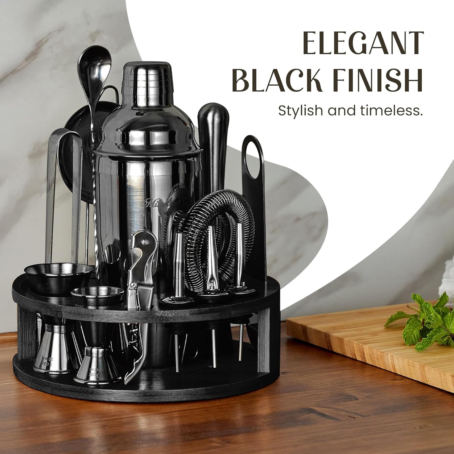 Mixology & Craft Bartender Kit – 15 Piece Cocktail Shaker Set with Bamboo Stand | Complete Cocktail Kit Gift Set | Top Bartender Gifts for Men & Women | Exclusive Recipe Cards (Black)