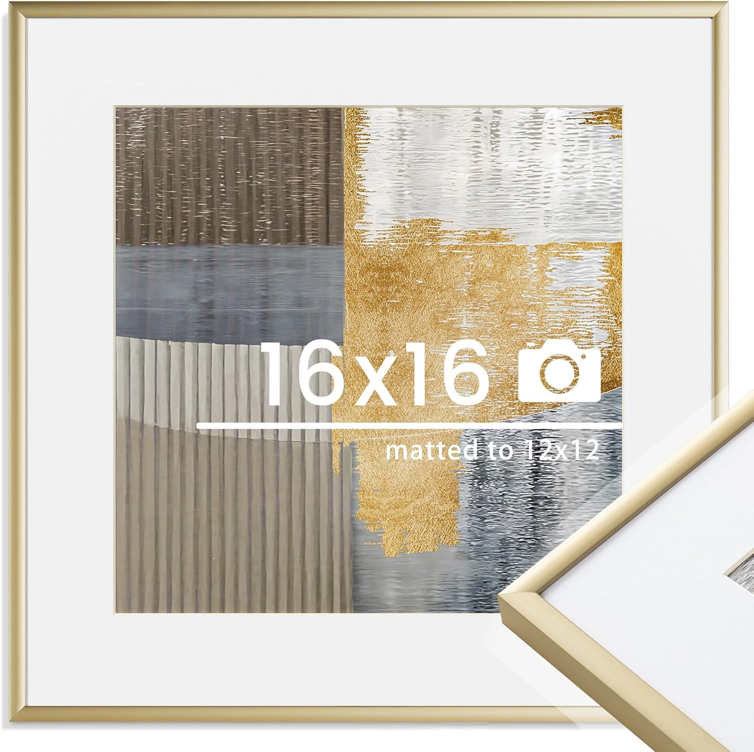 16x16 inch Metal Picture Frame - Thin Aluminum Square Photo Frames with 12x12 Removable Mat - High Definition Plexiglass - Vertical and Horizontal Display - Wall Hook Hanging Hardware Included - Gold, Set of 1 16x16in, 1Pack Gold