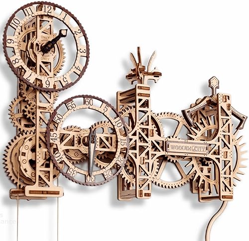 WOODEN.CITY Reloj de pared Steampunk - Reloj de madera 3D rompecabezas para adultos y adolescentes, kit de construcción de reloj de péndulo mecánico