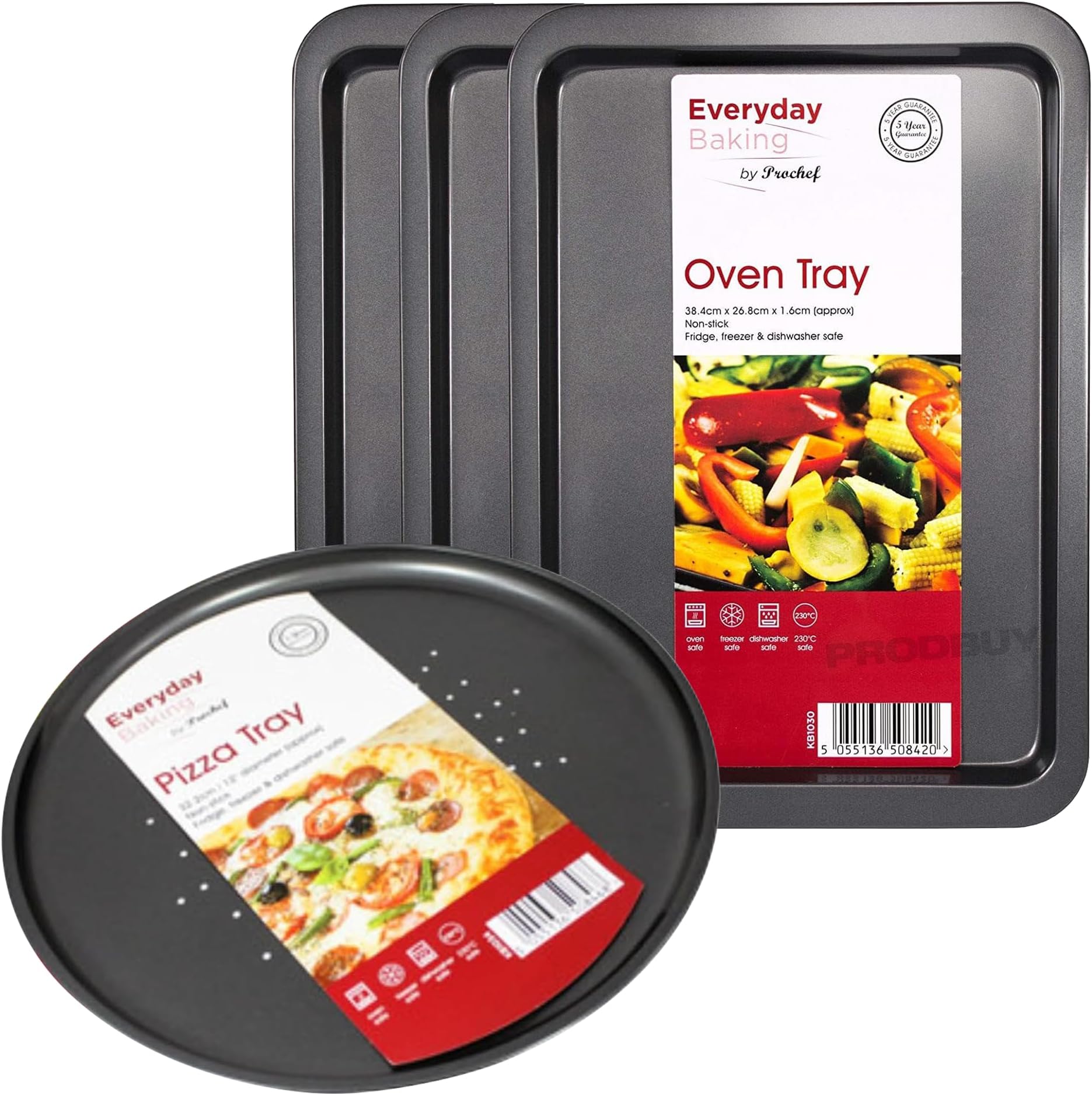 Pro Chef Baking Tray Set of 3 & Non Stick Pizza Tray Bundle | Trays Suitable for Oven Baking | Medium Oven Trays & 32cm / 12.5" Pizza Tray