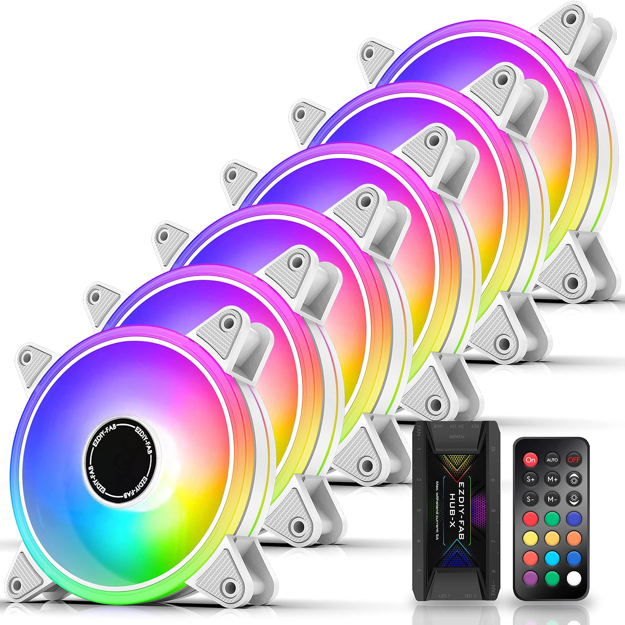 EZDIY-FAB White Moonlight 120mm RGB Case Fan with Fan Hub X and Remote,Motherboard Aura SYNC,Speed Control,Addressable Fan for PC Case-6 Pack