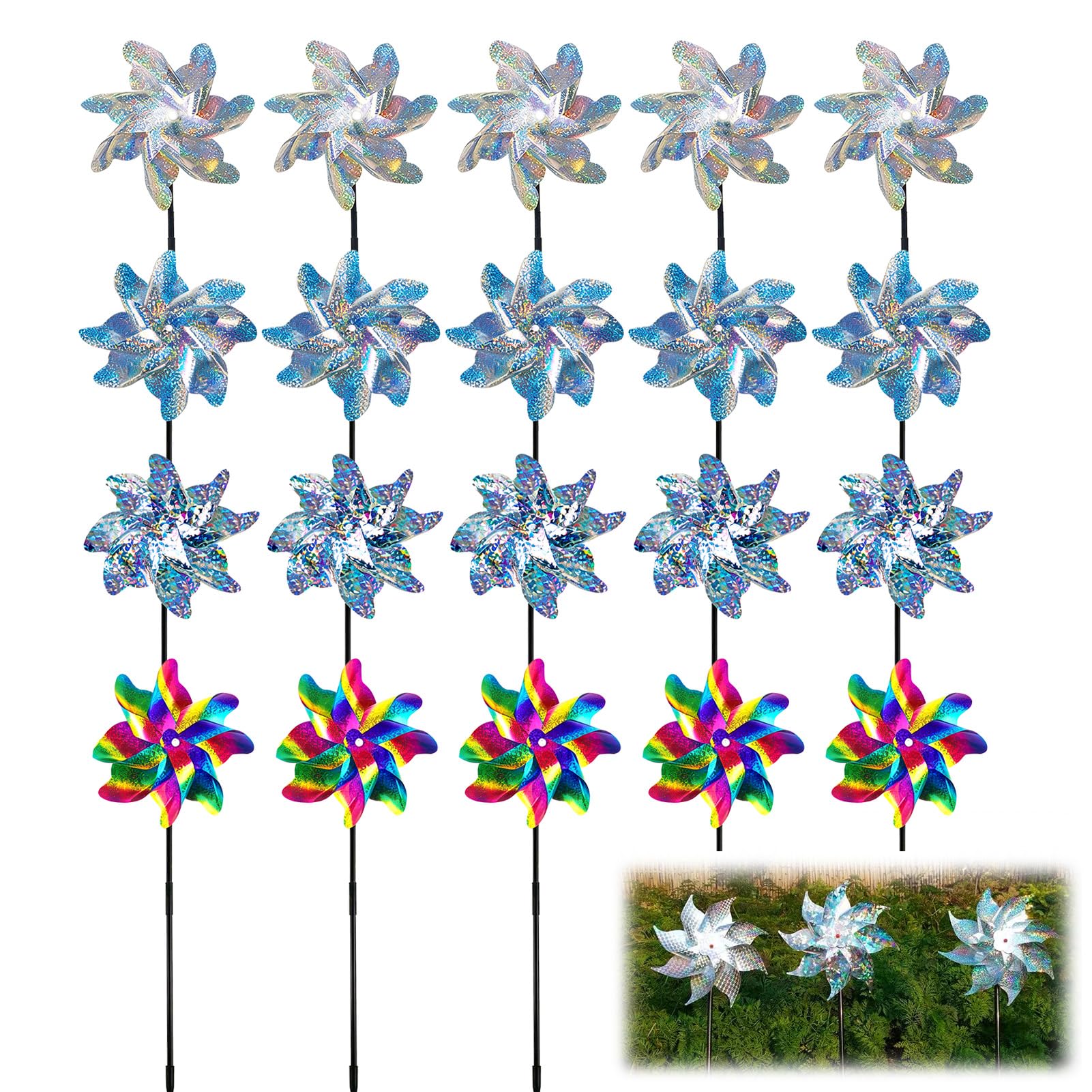 20 Pcs Holographic Sparkly Silver Pinwheels, Sparkly Lawn Pinwheel, Reflective Bird Repellent Wind Spinners Outdoor for Party Decorations Yard Garden Farm DIY Pinwheels Set Scare Birds Pests Away