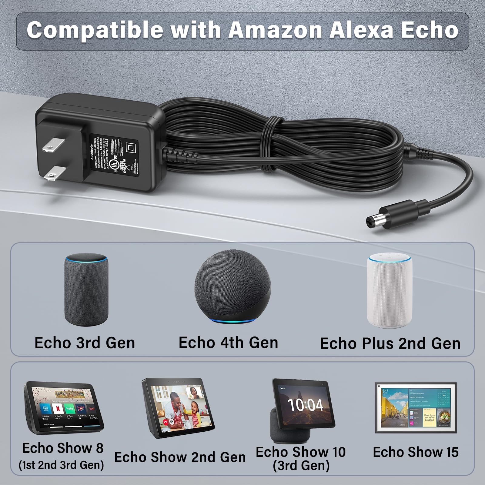 HIENADTOR 18V Charger for Amazon Alexa Echo 3rd 4th Gen Power Cord