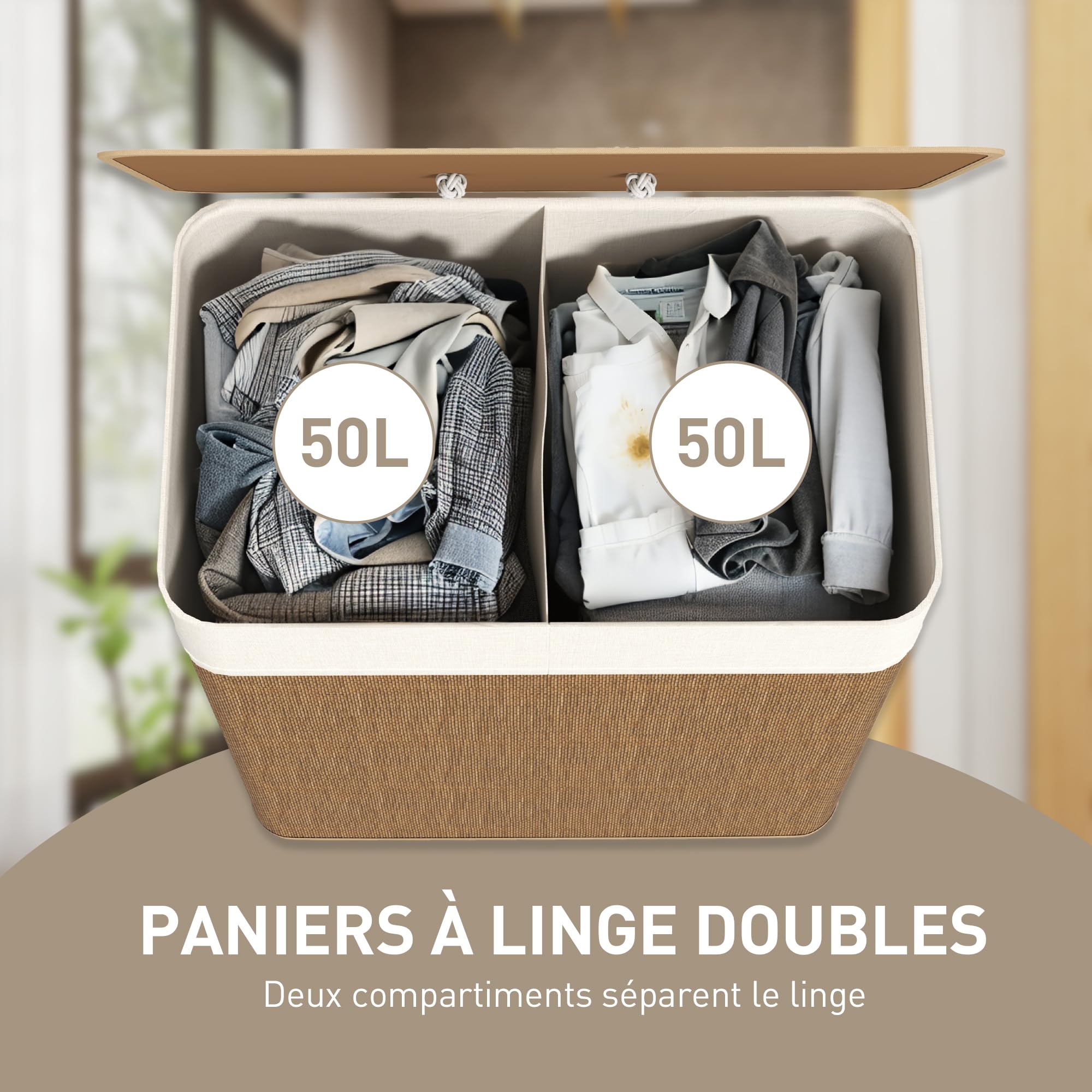 HOMCOM Panier à Linge avec 2 Compartiments 100 L, Corbeille à Linge Sale en Bambou avec Couvercle, Poignées en Corde, Doublure Amovible pour Salle de Bain, Chambre à Coucher, Buanderie, Marron