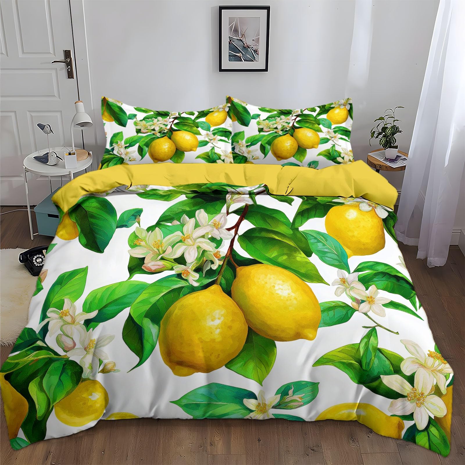 Generisch Bettwäsche 200 x 200 cm Verträumt Blume Zitrone, Gelb Microfaser Bettbezug Set 3-teilig mit Reißverschluss, Weich & Bügelfrei Deckenbezug, inkl. 2 Kissenbezüge 80 x 80 cm