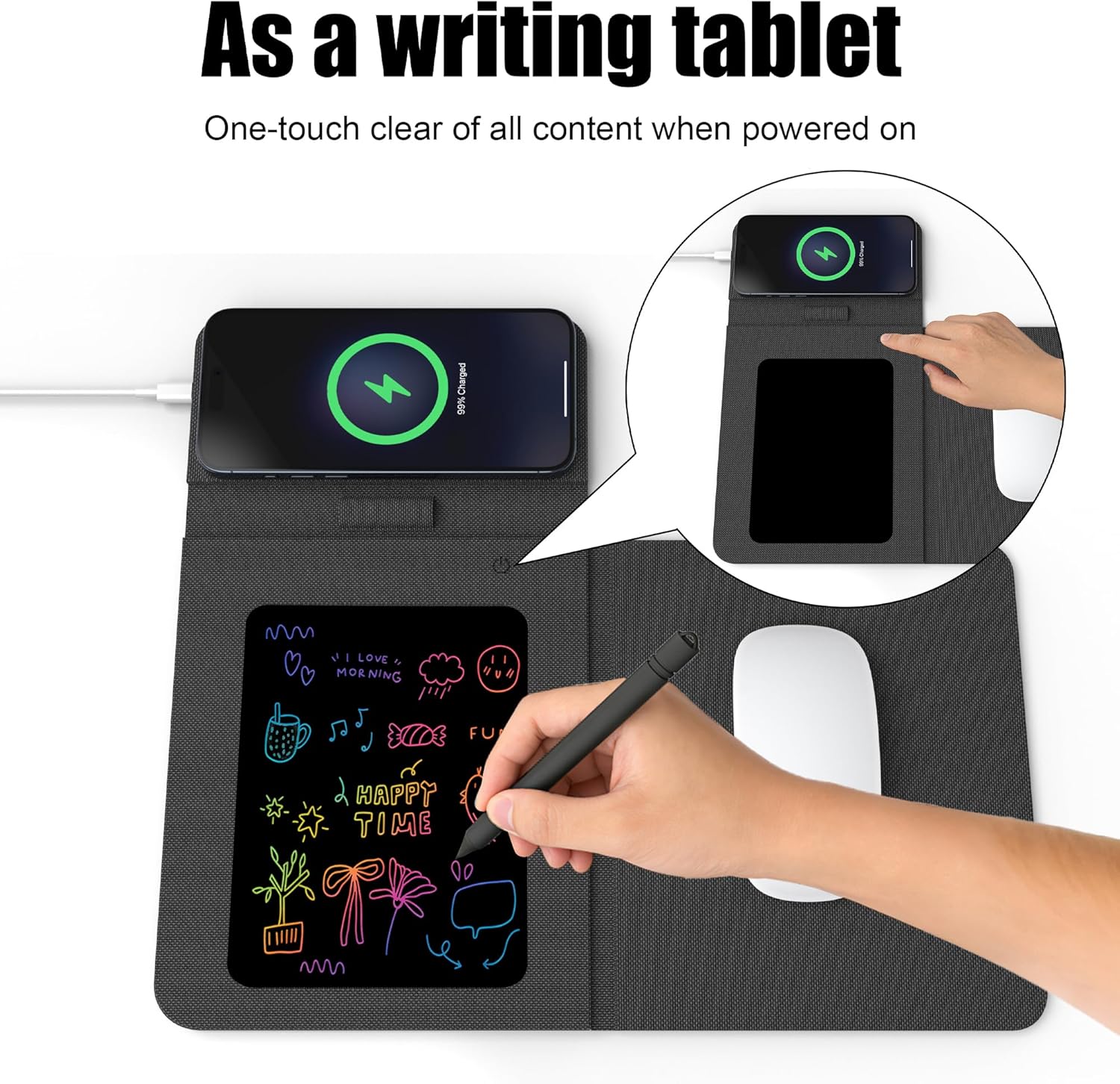 Foldable Wireless Charging Mouse Pad with LCD Writing Tablet,15W Qi Magnetic Fast Charging Mouse Mat,Multi-functional PU Leather Charging Pad for iPhone Samsung iWatch,Portable Office Home Accessories