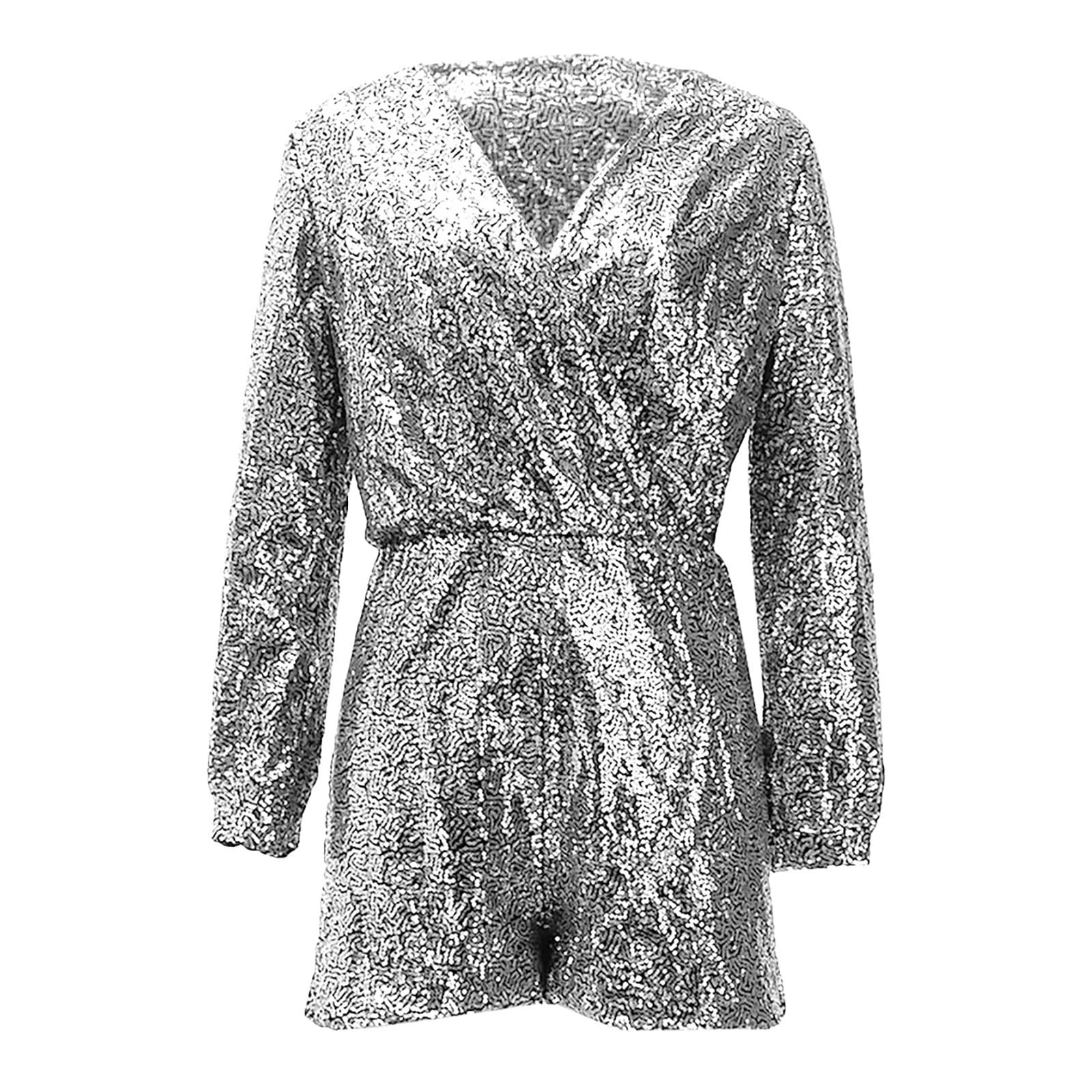 Generisch Combinaison à paillettes pour femme - Manches longues - Sexy - Col en V - Combinaison brillante - Barboteuse cintrée - Combinaison d'été élégante pour club et fête