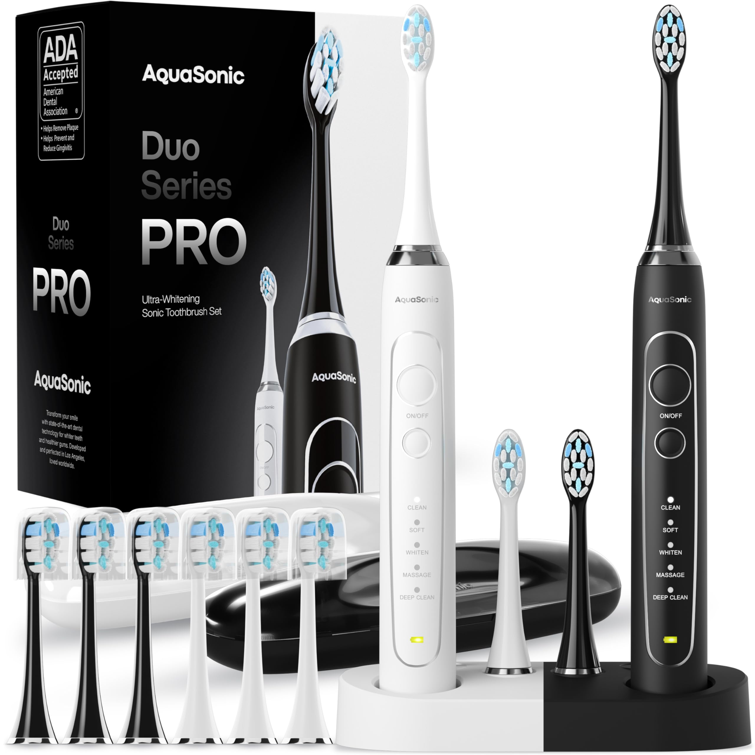 Duo Series PRO – Ultra-Whitening Electric Toothbrush Set – 5 Modes & Smart Timers – Premium Travel Cases & 10 Proflex Brush Heads – ADA Accepted Toothbrushes