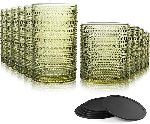 Miniatura 9 de Juego de vasos de vidrio Hobnail de 12 unidades, cristalería vintage, vasos de moda antigua, 6 vasos de burbujas Highball de 15 onzas, 6 vasos Rocks